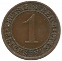 Монета 1 рейхспфенниг. 1930 (А) год, Веймарская республика.