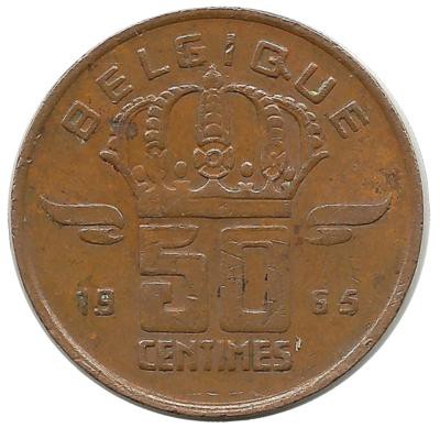 Монета 50 сантимов.  1965 год, Бельгия. (Belgique).