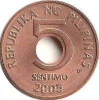 Монета 5 сентимо. 2005 год. Филиппины. UNC.