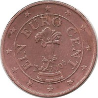 Австрия. Цветок-альпийская горечавка. Монета 1 цент, 2005 год.  