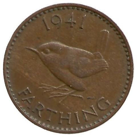 Монета 1 фартинг. 1941 год, Великобритания.
