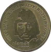 Польский музыкант Чеслав Немен.  Монета 2 злотых, 2009 год, Польша.