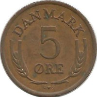 Монета 5 эре. 1964 год, Дания. C;S.