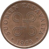 Монета 1 пенни. 1965 год, Финляндия.