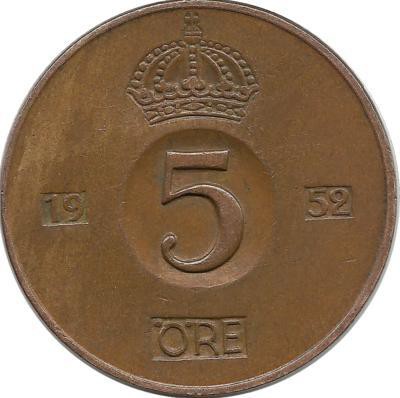 Монета 5 эре.1952 год, Швеция.(TS).