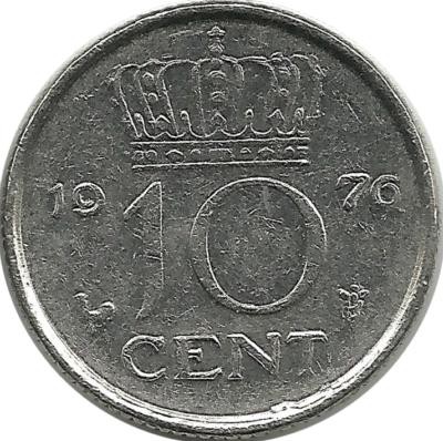 Монета 10 центов 1976 год. Нидерланды.  
