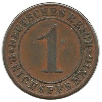 Монета 1 рейхспфенниг. 1931 (А) год, Веймарская республика.