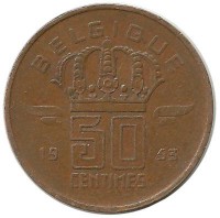 Монета 50 сантимов.  1953 год, Бельгия. (Belgique).