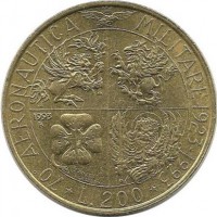 70 лет военной авиации. Монета 200 лир. 1993 год, Италия.