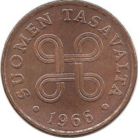 Монета 1 пенни. 1966 год, Финляндия.