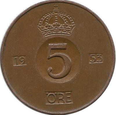 Монета 5 эре.1953 год, Швеция. (TS).