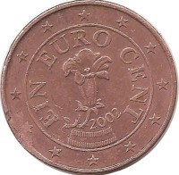 Австрия. Цветок-альпийская горечавка. Монета 1 цент, 2002 год.  