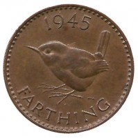 Монета 1 фартинг. 1945 год, Великобритания.