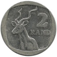 Большой Куду (антилопа-Куду).  Монета 2 ранда 2010 год, ЮАР.