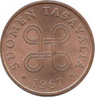 Монета 1 пенни. 1967 год, Финляндия.