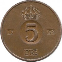 Монета 5 эре.1954 год, Швеция. (TS).