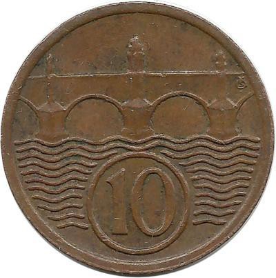 ​Монета 10 геллеров. 1922 год, Карлов мост в Праге. Чехословакия.
