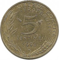 5 сантимов. 1994 год, Франция. Отметка монетного двора: "Пчела" справа от номинала.