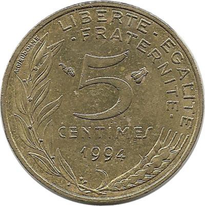 5 сантимов. 1994 год, Франция. Отметка монетного двора: "Пчела" справа от номинала.