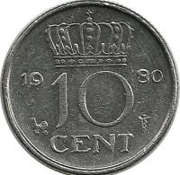 Монета 10 центов 1980 год. Нидерланды.  