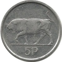 Бык. Ирландская арфа. Монета 5 пенсов. 1992 год, Ирландия.