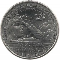 Бесси Колман. Первая чернокожая лётчица США. Монета 25 центов (квотер), (D). 2023 год, США. UNC.