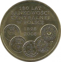 180 лет центральному банку Польши.Монета 2 злотых, 2009 год, Польша.