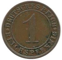 Монета 1 рейхспфенниг. 1929 (А) год, Веймарская республика.