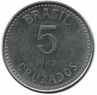 Монета 5 крузадо . 1987 год, Бразилия. UNC.