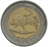 Белохвостый гну.  Монета 5 рандов 2004 год, ЮАР.