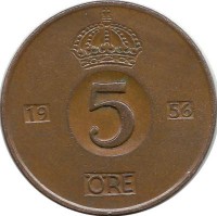 Монета 5 эре.1956 год, Швеция. (TS).
