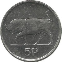 Бык. Ирландская арфа. Монета 5 пенсов. 1993 год, Ирландия.