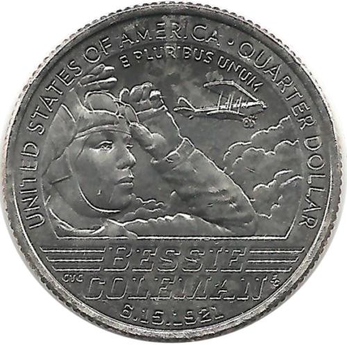 Бесси Колман. Первая чернокожая лётчица США. Монета 25 центов (квотер), (P). 2023 год, США. UNC.