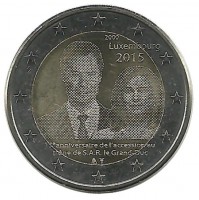15-летие вступления на престол Великого Герцога Анри. Монета 2 евро. 2015 год, Люксембург. UNC.