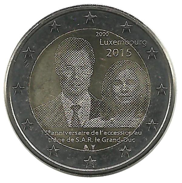 15-летие вступления на престол Великого Герцога Анри. Монета 2 евро. 2015 год, Люксембург. UNC.