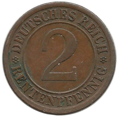 Монета 2 рентенпфеннига . 1923 (А) год, Веймарская республика.