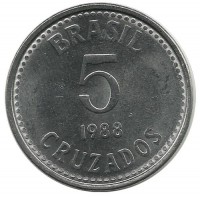 Монета 5 крузадо . 1988 год, Бразилия. UNC.