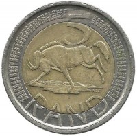 Белохвостый гну.  Монета 5 рандов 2011 год, ЮАР.