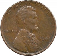 Линкольн. 1 цент 1941г.  (Филадельфия) , CША. 