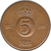 Монета 5 эре.1957 год, Швеция. (TS).