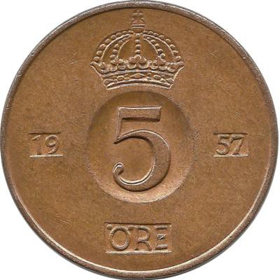 Монета 5 эре.1957 год, Швеция. (TS).