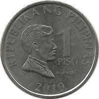 Монета 1 песо. 2010 год. Хосе Протасио Рисаль-Меркадо. Филиппины.