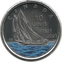 100 лет шхуне Блюноз. Монета 10 центов. 2021 год, Канада. UNC. Цветная.  
