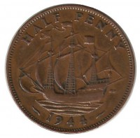 Монета  1/2 пенни 1944 год. Золотая лань. Великобритания.