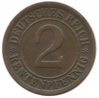 Монета 2 рентенпфеннига. 1924 (А) год, Веймарская республика.