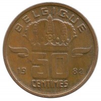 Монета 50 сантимов.  1982 год, Бельгия. (Belgique).