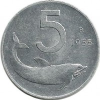 Монета 5 лир. 1955 год, Италия. Дельфин. Судовой руль.