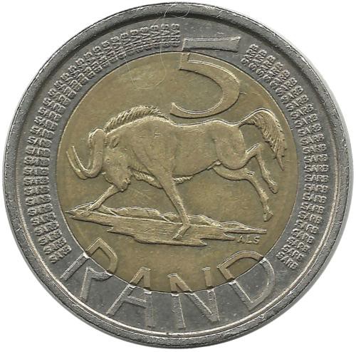 Белохвостый гну.  Монета 5 рандов 2013 год, ЮАР.