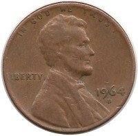 Линкольн. 1 цент 1964г. D.  (Денвер) , CША.
