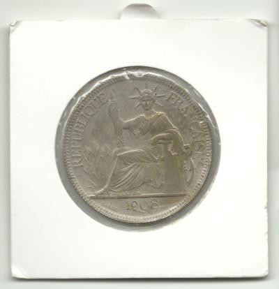Монета торговый пиастр. Французский Индокитай, 1908 г. UNC. КОПИЯ.